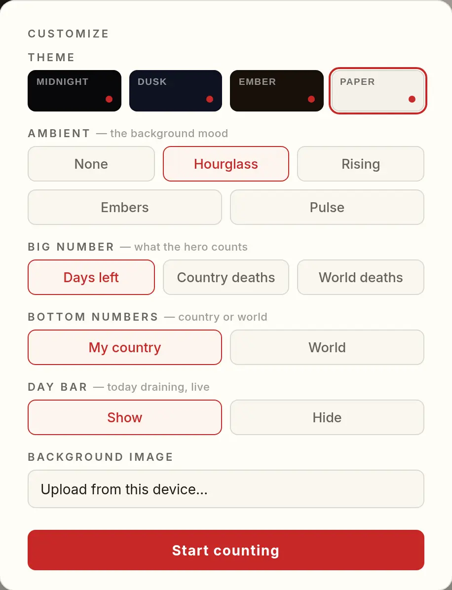 Memento's settings: theme swatches for Midnight, Dusk, Ember and Paper; ambient choices None, Hourglass, Rising, Embers and Pulse; big number, bottom numbers and day bar options; background image upload.
